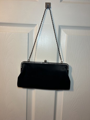Black satin evening clutch bag - black,